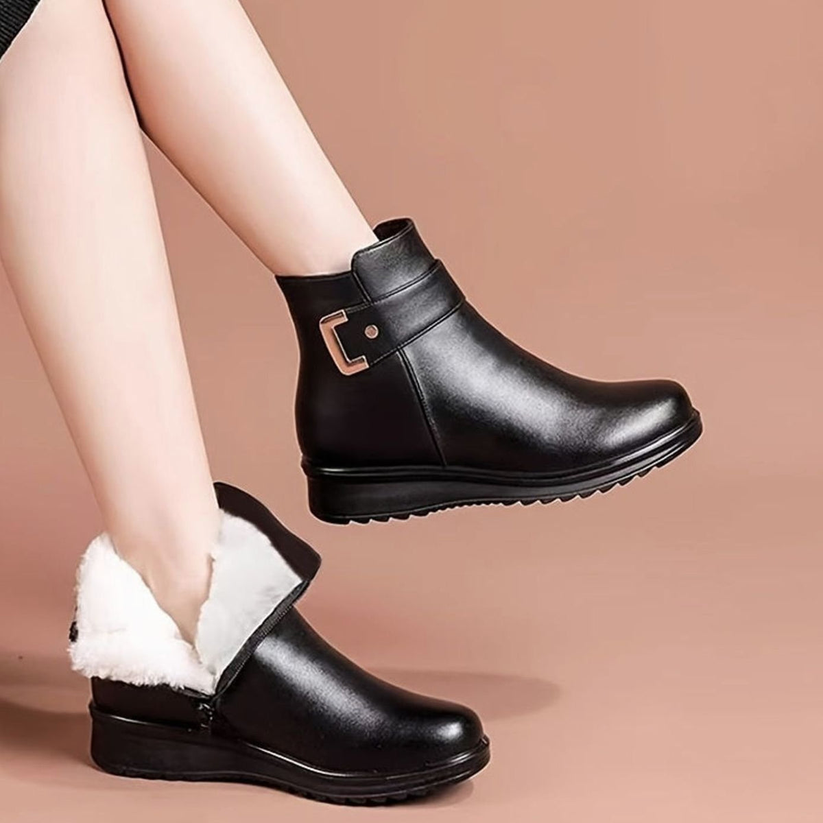 Homixa women's faux-leather fleece-lined booties with buckle accent and side zipper for stylish winter footwear.