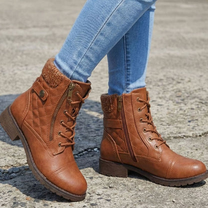 Homixa women's faux-leather lace-up booties with side zip, low block heel, quilted upper, stylish and comfortable footwear.