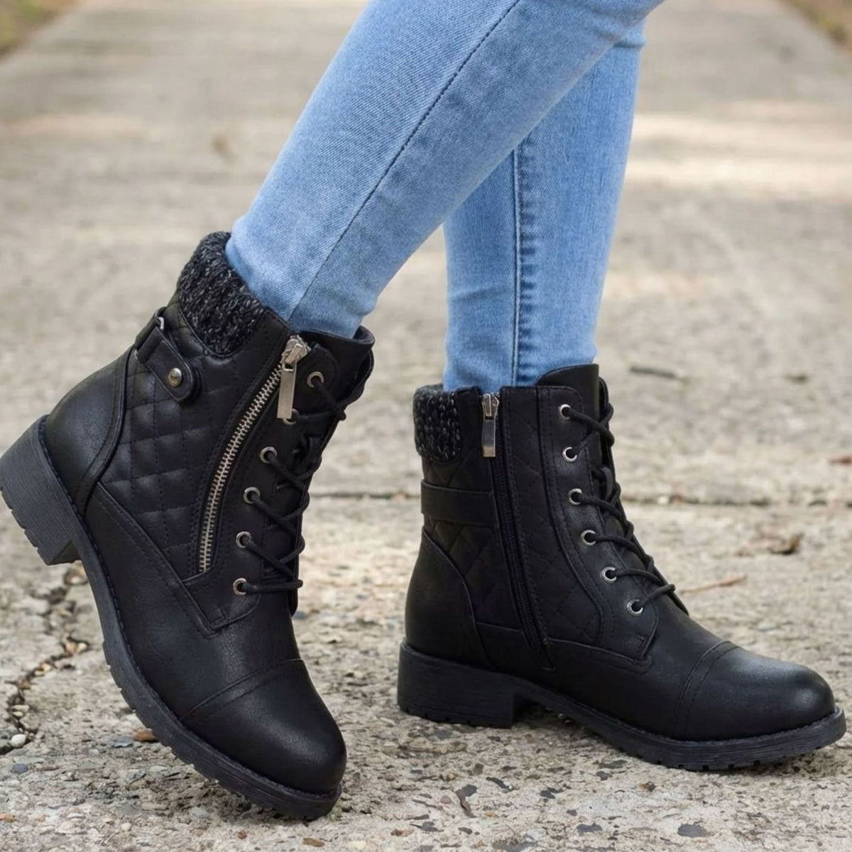Homixa women's quilted faux-leather lace-up booties with side zipper and low block heel, featuring a stylish quilted upper.