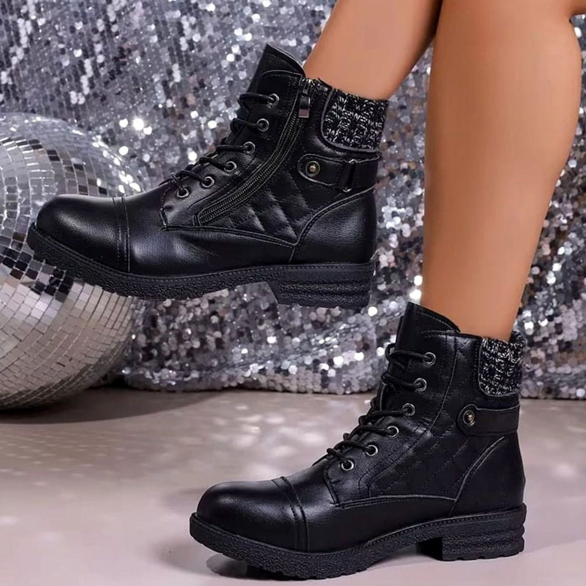 Homixa women's faux-leather lace-up booties with side zipper, low block heel, quilted upper, stylish and comfortable footwear.