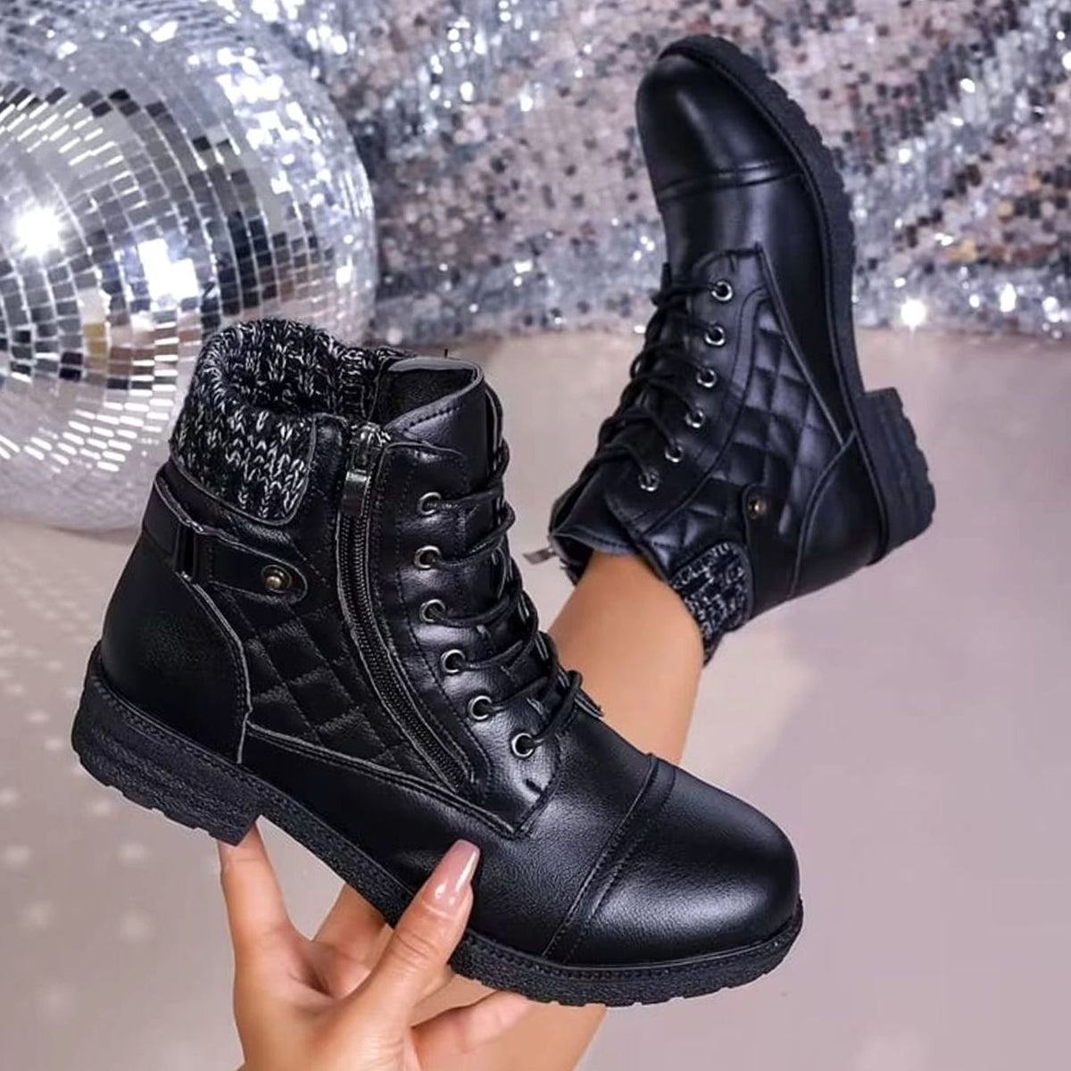Homixa women's quilted faux-leather lace-up booties with side zipper and low block heel, featuring a stylish quilted upper.