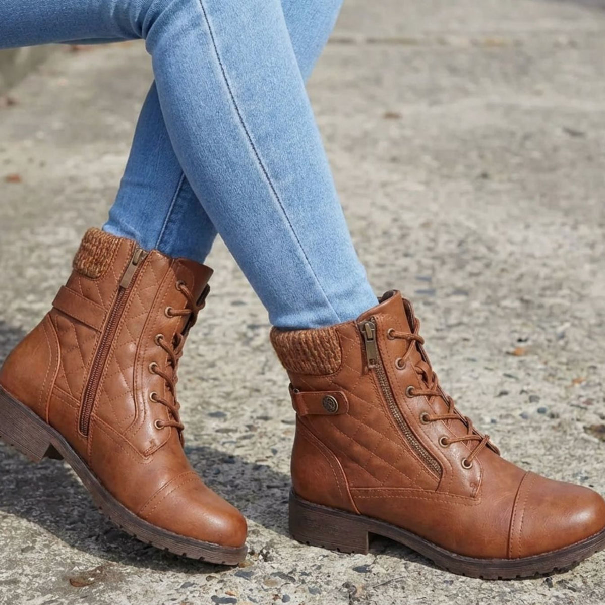 Homixa women's faux-leather lace-up booties with side zip, low block heel, quilted upper, stylish and comfortable footwear.