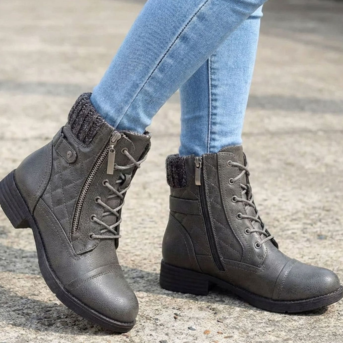 Homixa women's quilted faux-leather lace-up ankle booties with side zipper and low block heel, featuring a stylish quilted upper.