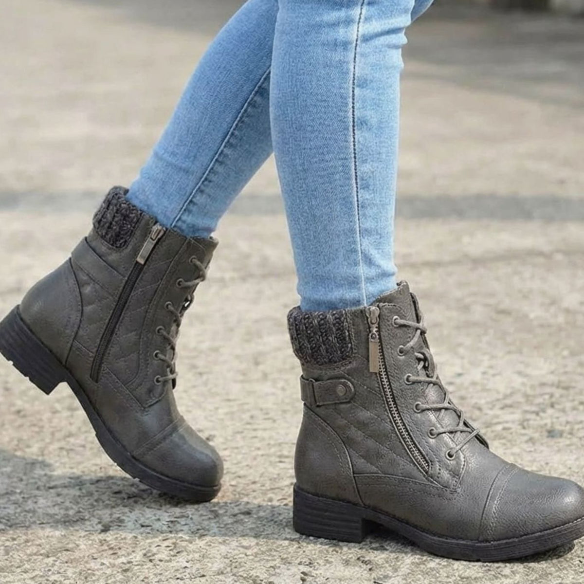 Homixa women's faux-leather lace-up booties with side zip, low block heel, quilted upper, stylish and comfortable footwear.