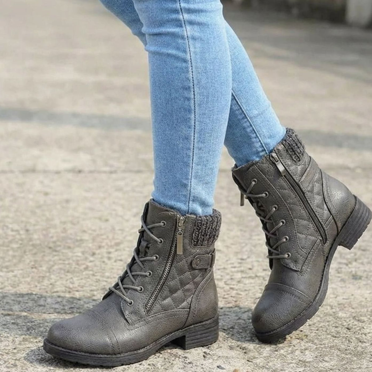 Homixa women's faux-leather lace-up booties with side zipper, low block heel, quilted upper, stylish ankle boots.