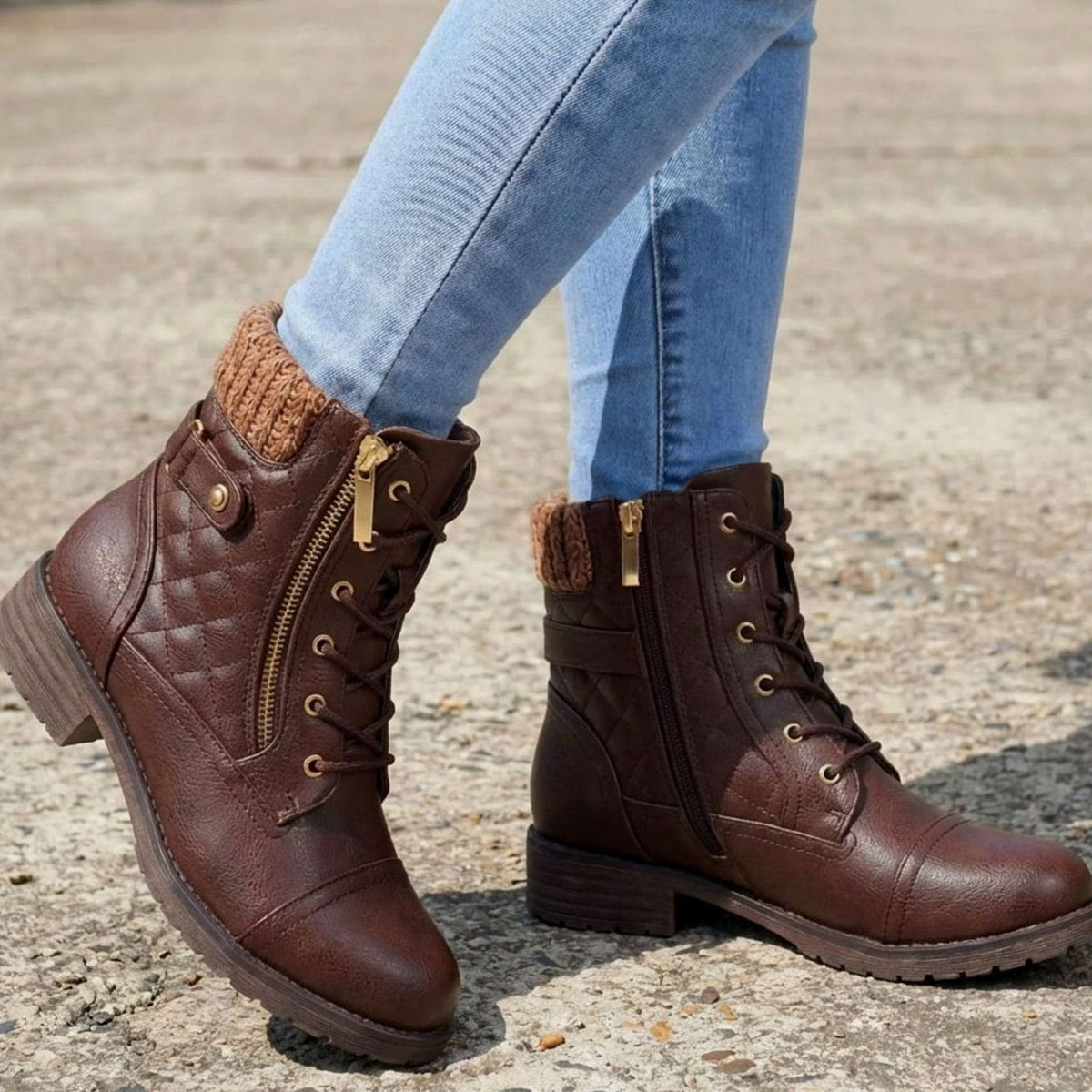 Homixa women's quilted faux-leather lace-up booties with side zipper and low block heel, featuring a stylish quilted upper.