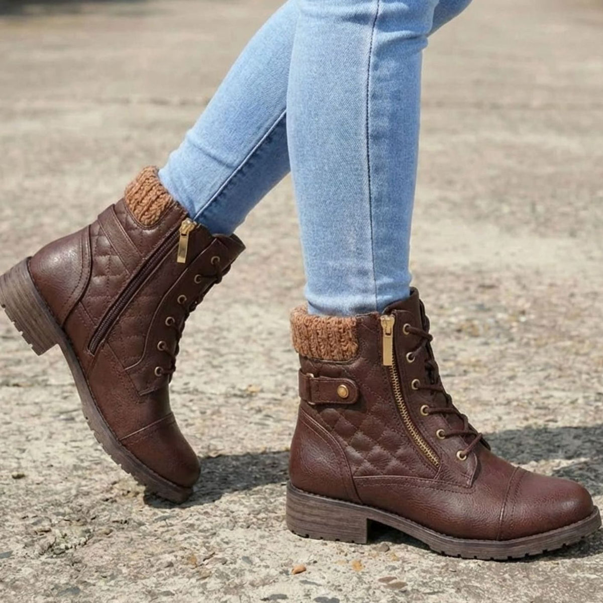 Homixa women's faux-leather lace-up booties with side zipper, low block heel, and quilted upper for stylish comfort.