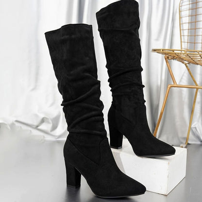 Homixa women's faux-suede slouch boots with knee-high shaft and sturdy block heel, stylish and comfortable for casual wear.