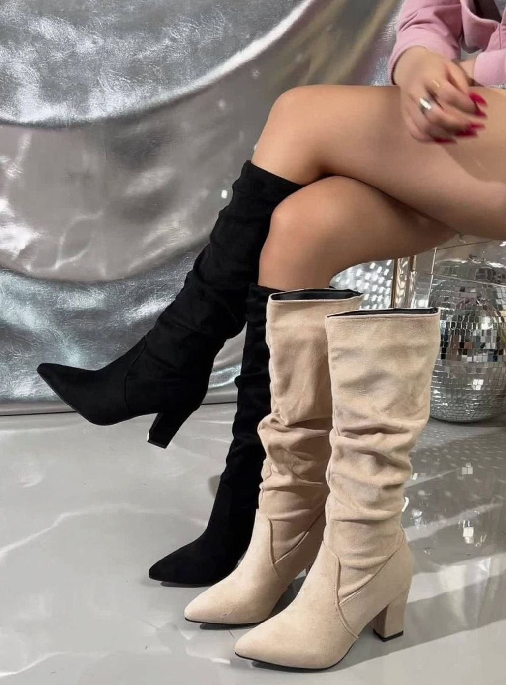 Homixa women's faux-suede slouch boots with knee-high shaft and sturdy block heel, stylish and comfortable for everyday wear.