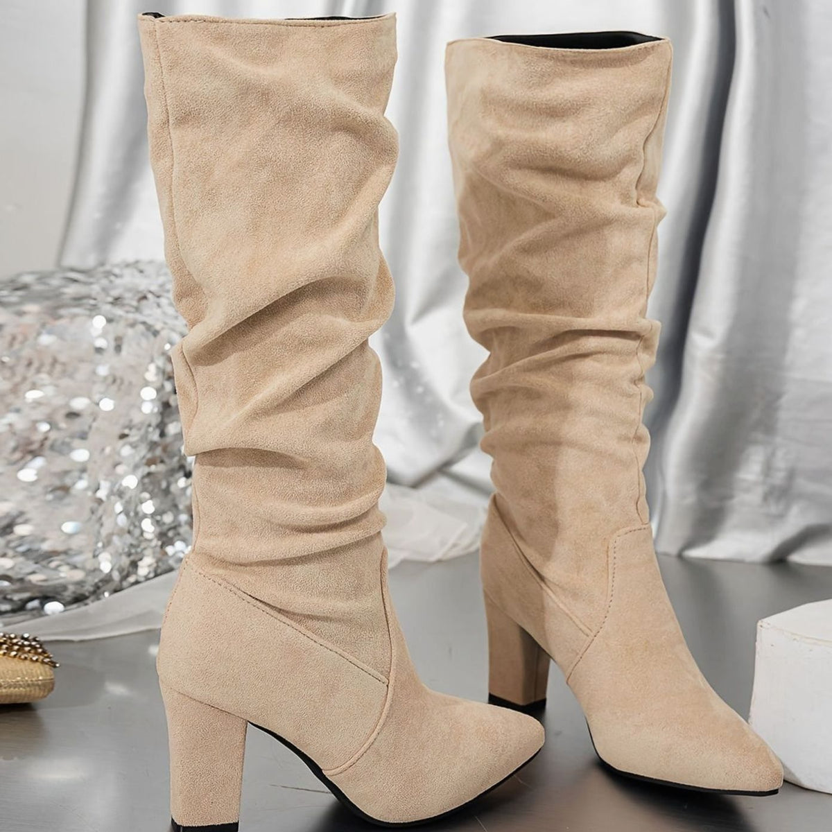 Homixa women's faux-suede slouch boots with knee-high shaft and sturdy block heel, showcasing stylish and comfortable footwear.