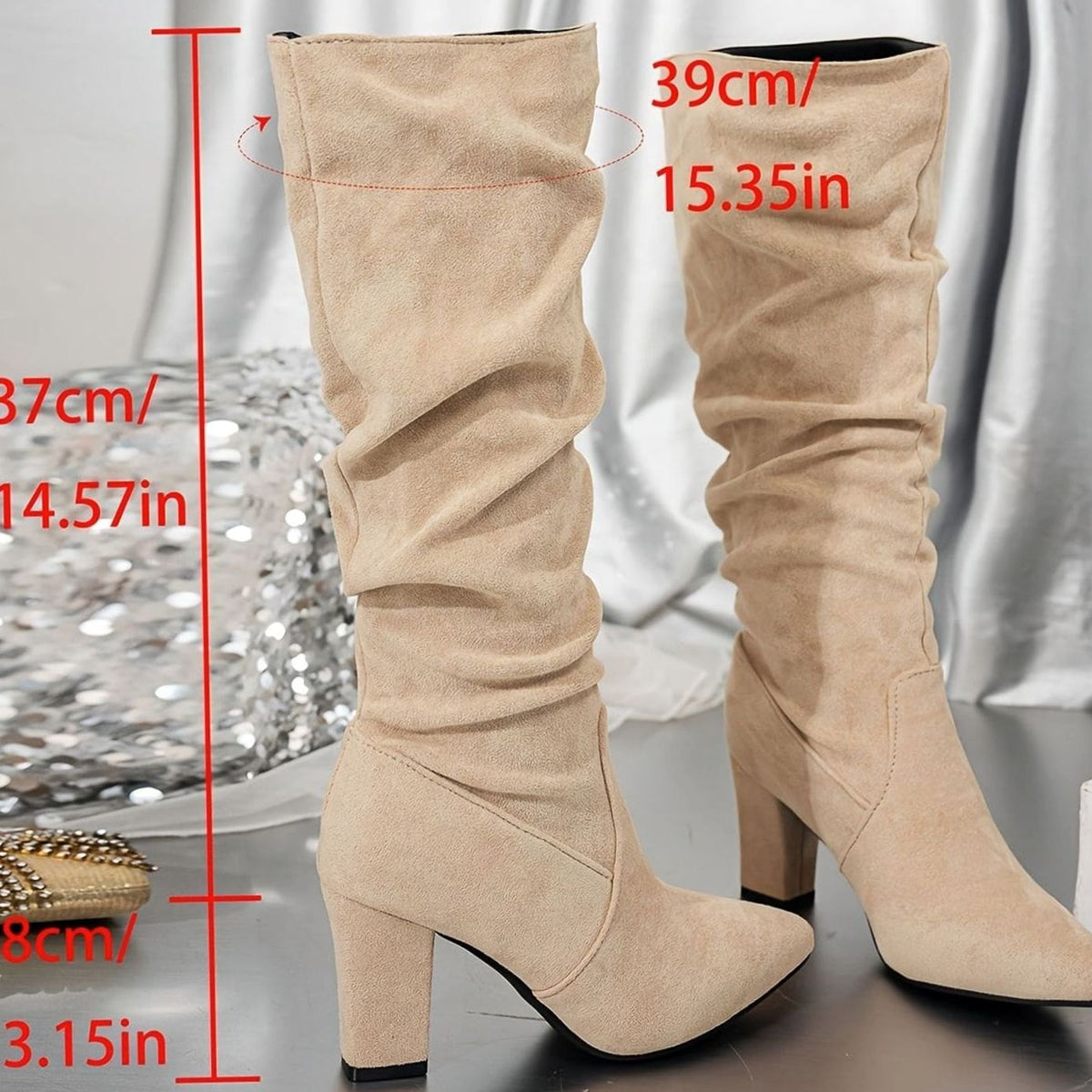 Homixa women's faux-suede slouch boots with knee-high shaft and sturdy block heel, stylish and comfortable for everyday wear.