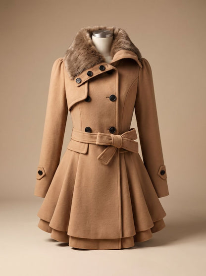 Vintage Homixa women's fitted A-line winter coat with double-breasted style, faux-fur collar, and tie belt.