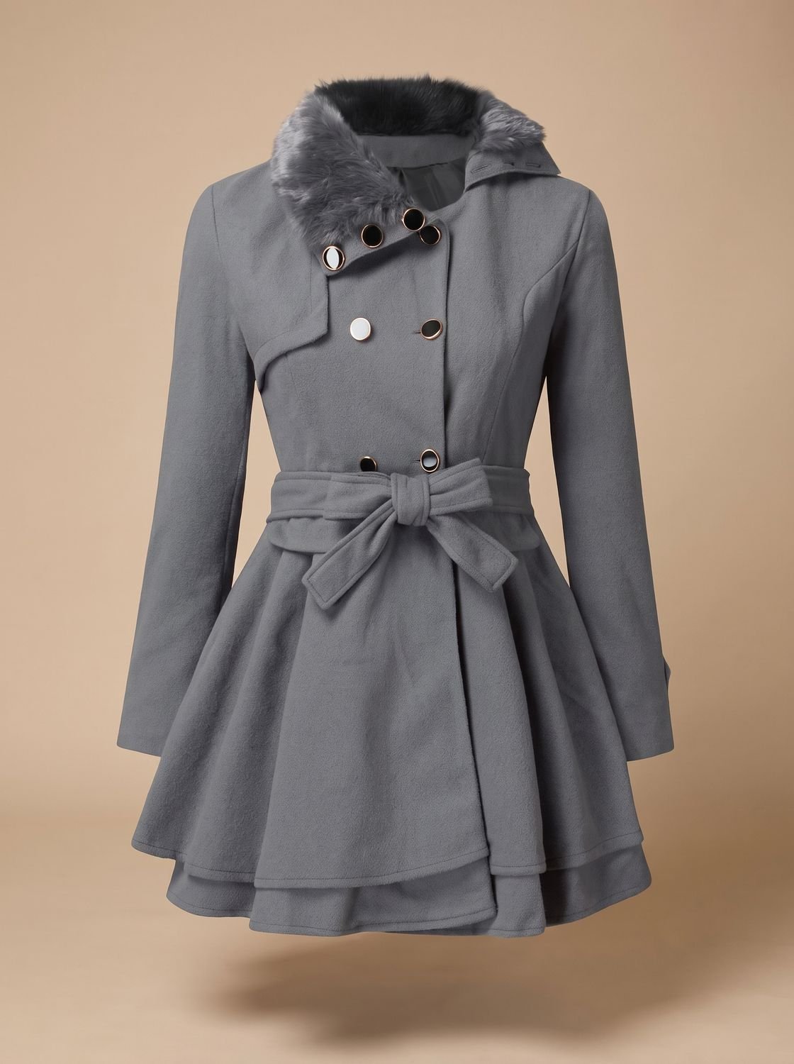 Vintage Homixa women's fitted A-line double-breasted winter coat with faux-fur collar and tie belt, stylish and warm outerwear.