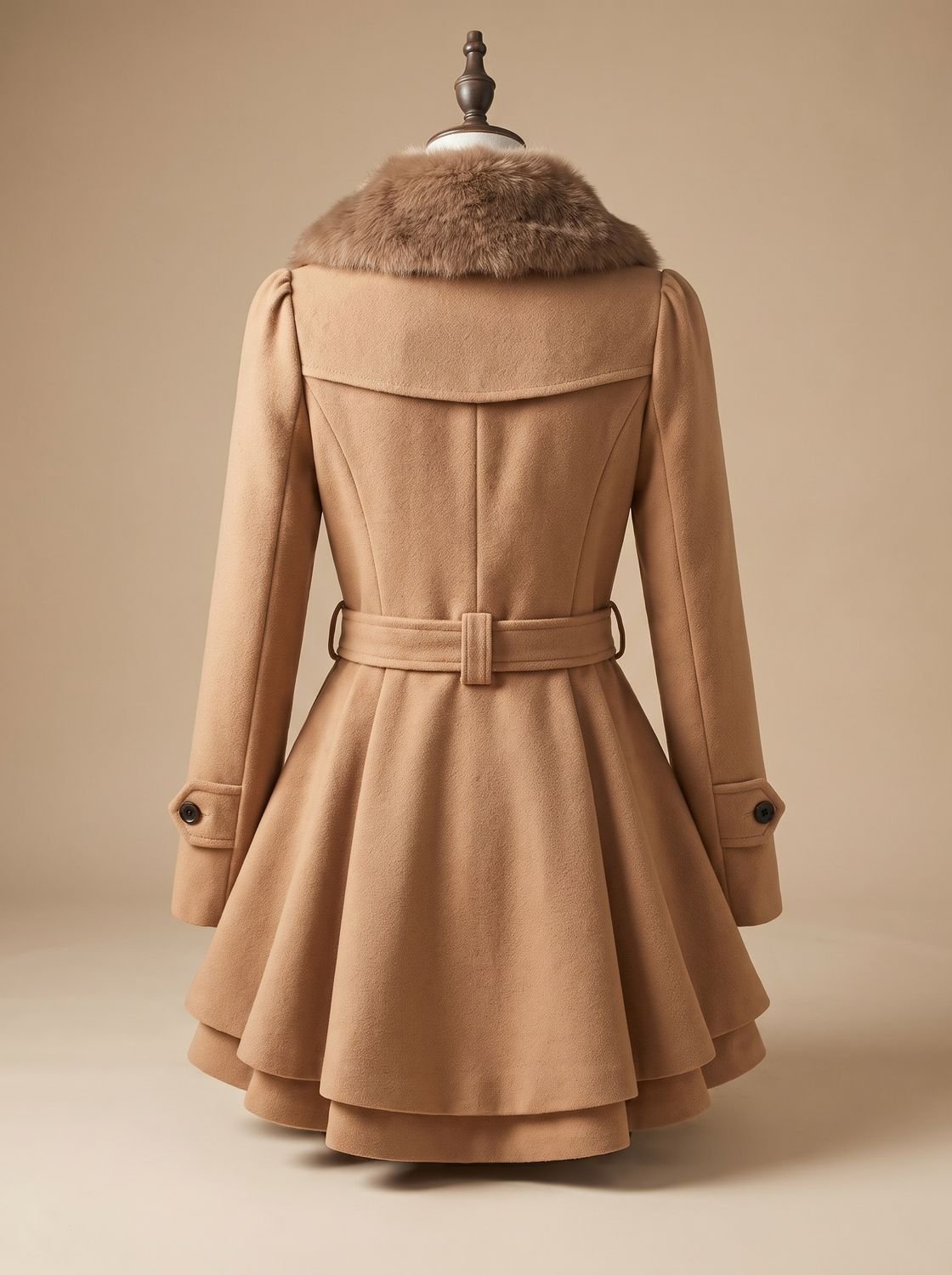 Vintage Homixa women's fitted A-line double-breasted winter coat with faux-fur collar and tie belt, shown on a model.