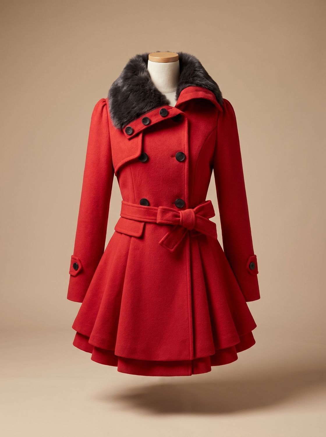 Vintage Homixa women's fitted A-line winter coat with double-breasted buttons, faux-fur collar, and tie belt.