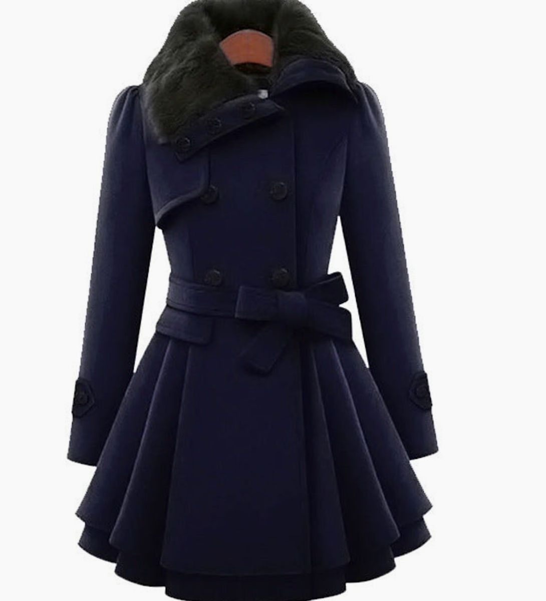 Women's vintage A-line double-breasted winter coat by Homixa with faux-fur collar and tie belt, fitted silhouette and stylish design.