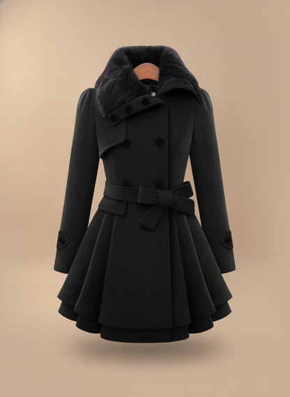 Vintage Homixa women's fitted A-Line winter coat with double-breasted design, faux-fur collar, and tie belt.