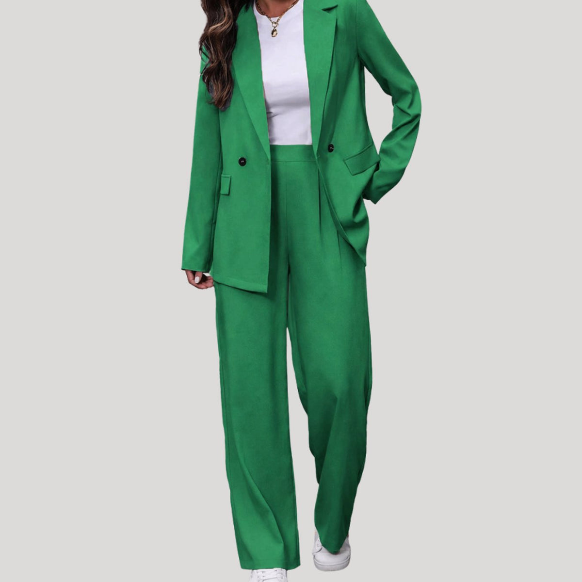 Women's fitted double-breasted tailored pantsuit with blazer and matching pants by Homixa, shown on a model.