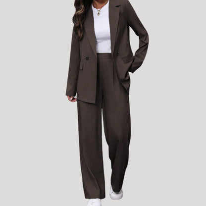 Women's fitted double-breasted tailored pantsuit with blazer and pants, stylish and professional Homixa fashion ensemble.