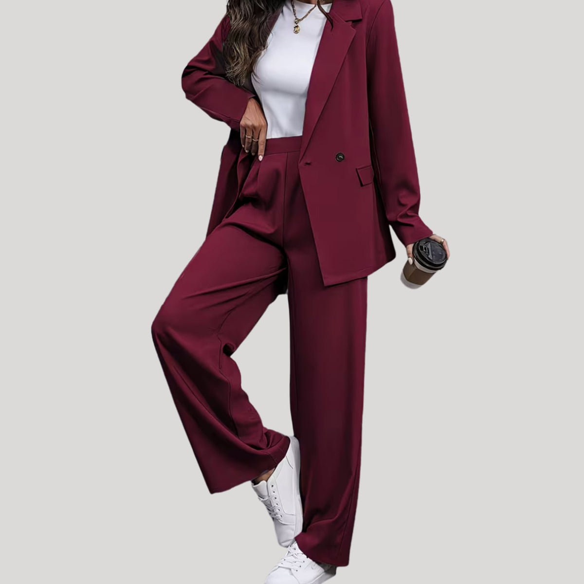 Women's fitted double-breasted tailored pantsuit with blazer and pants, stylish formal attire by Homixa.