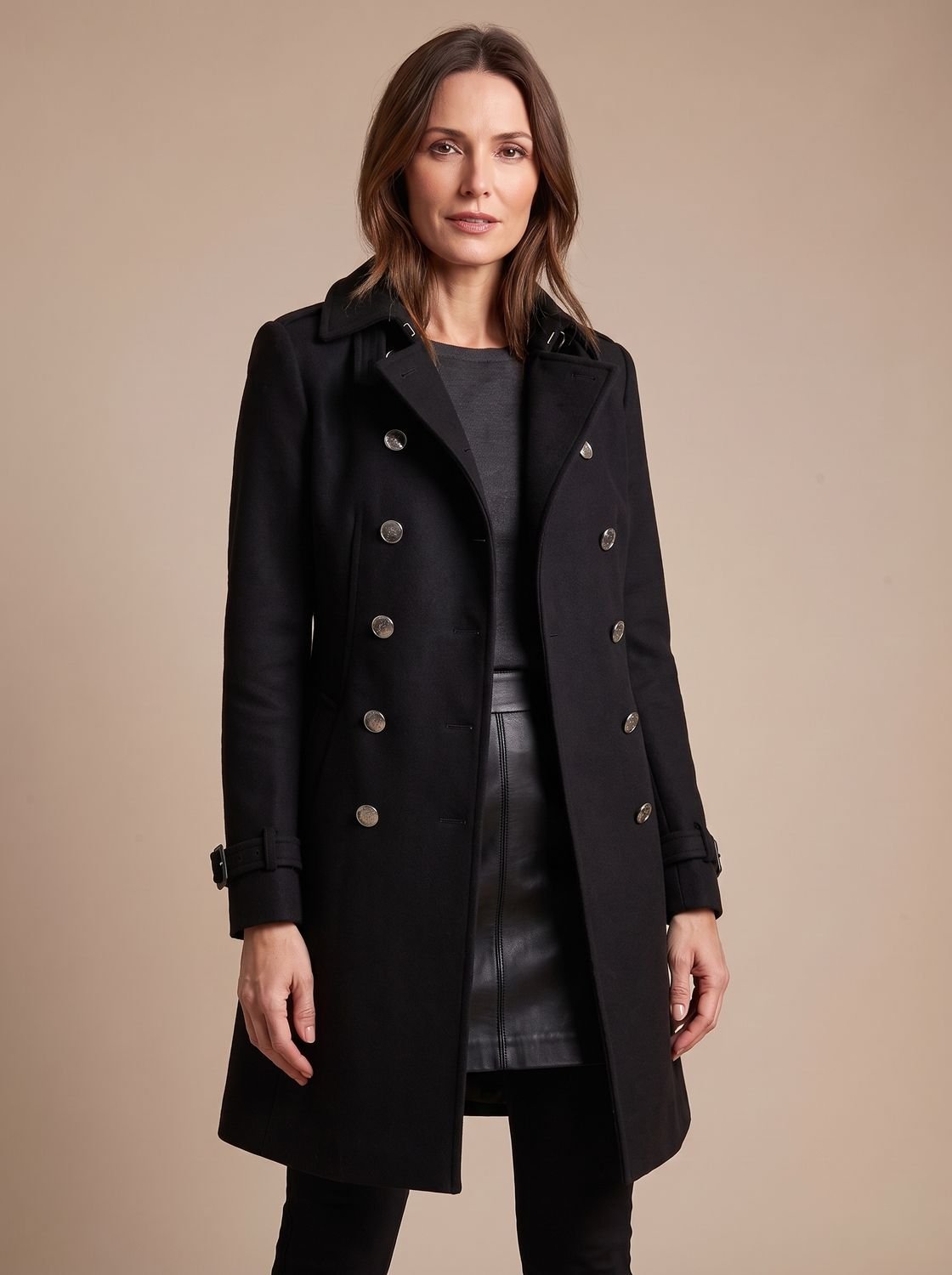 Women's fitted double-breasted wool coat with lapel collar and gold buttons, stylish Homixa wool coat for cold weather.