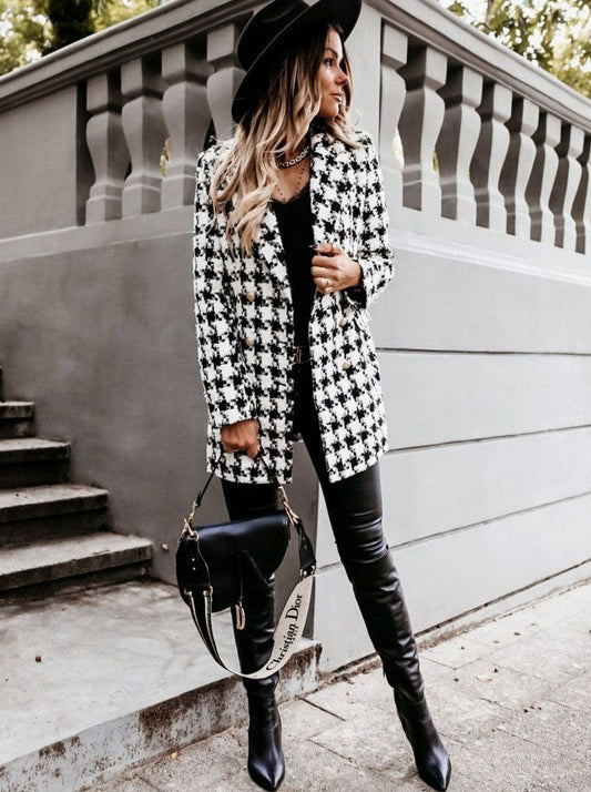 Women's fitted plaid tweed trench coat with decorative gold buttons, checked pattern, and tailored design by Homixa.