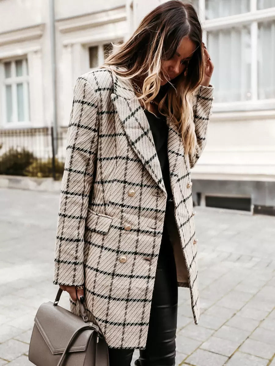 Women's fitted plaid tweed trench coat with gold button details, checked design, tailored fit, and classic trench style by Homixa.