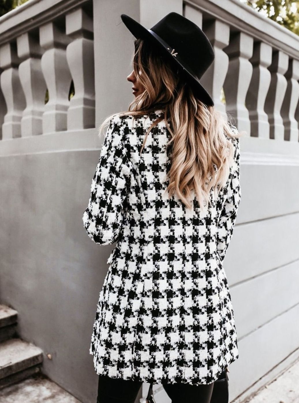 Women's fitted plaid tweed trench coat by Homixa with gold buttons, featuring a checked pattern and tailored silhouette.