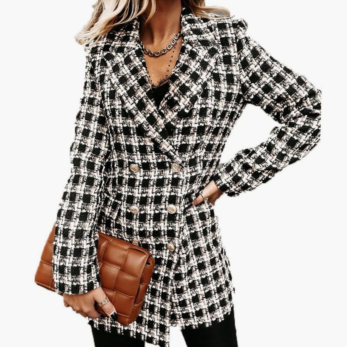 Women's fitted plaid tweed trench coat with decorative gold buttons, checked design, stylish and tailored for a polished look.