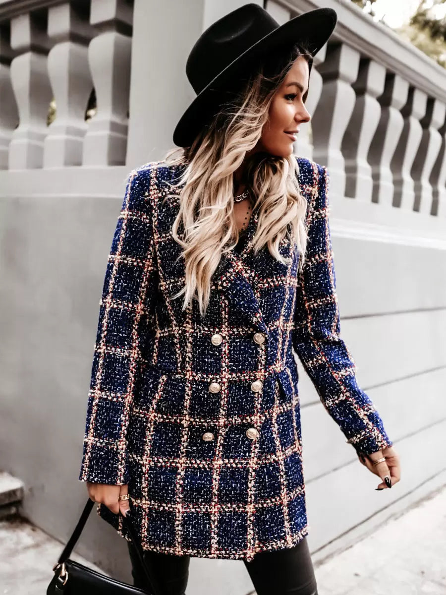 Women's fitted plaid tweed trench coat with gold buttons, checked design, stylish outerwear by Homixa