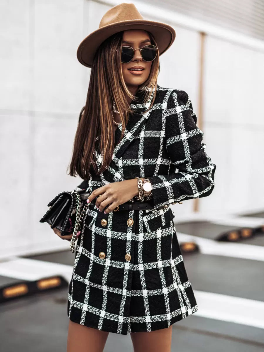 Women's fitted plaid tweed trench coat by Homixa featuring two rows of decorative gold buttons and classic checked pattern.