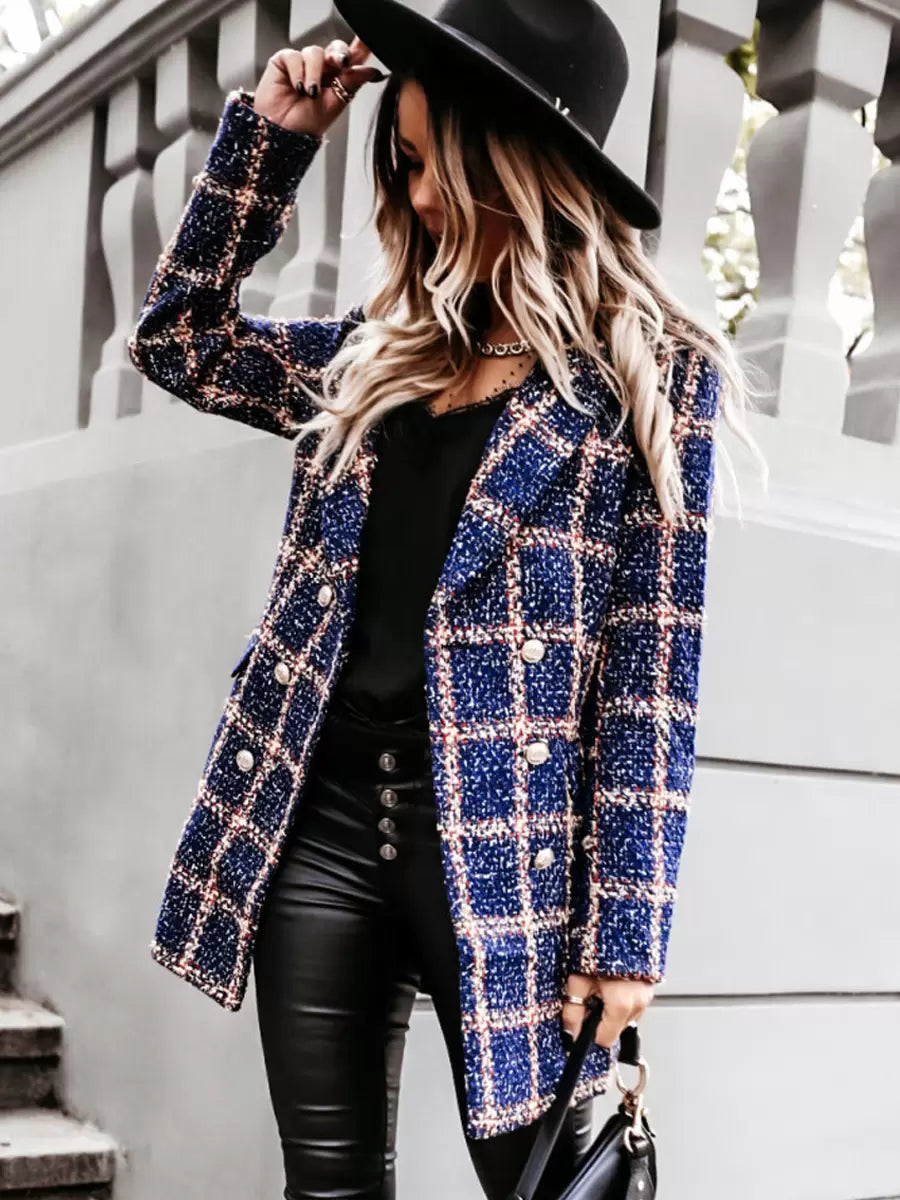 Women’s fitted plaid tweed trench coat by Homixa with gold buttons, featuring a classic checked pattern and tailored silhouette.