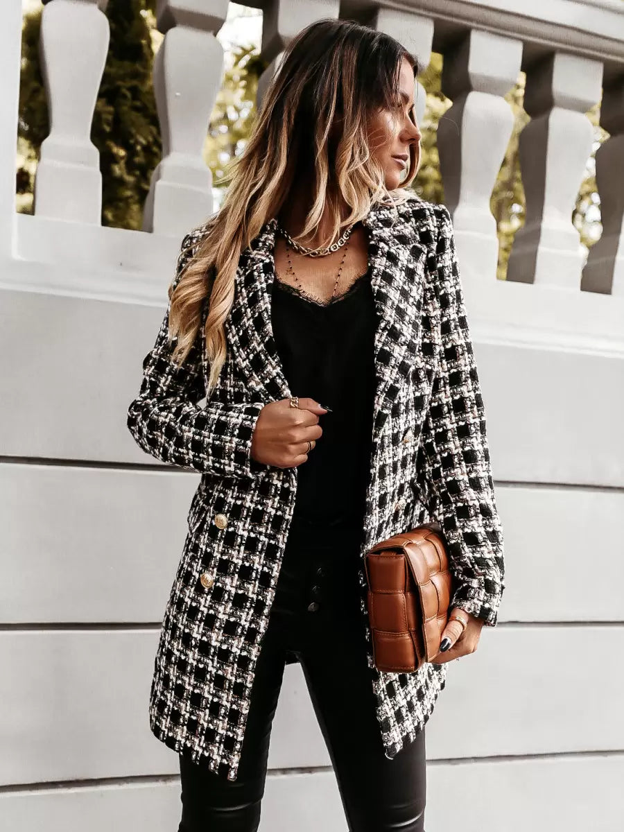 Women's fitted plaid tweed trench coat with gold button details, checked design, and tailored silhouette from Homixa.