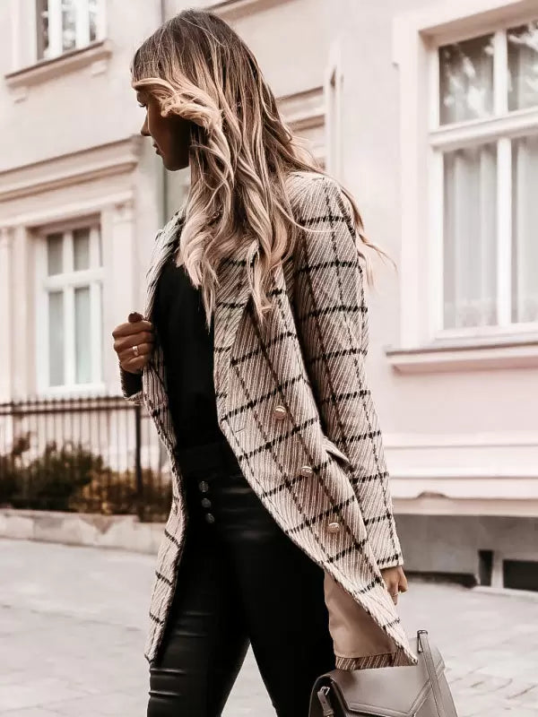 Women's fitted plaid tweed trench coat with gold button details, stylish checked trench coat by Homixa.