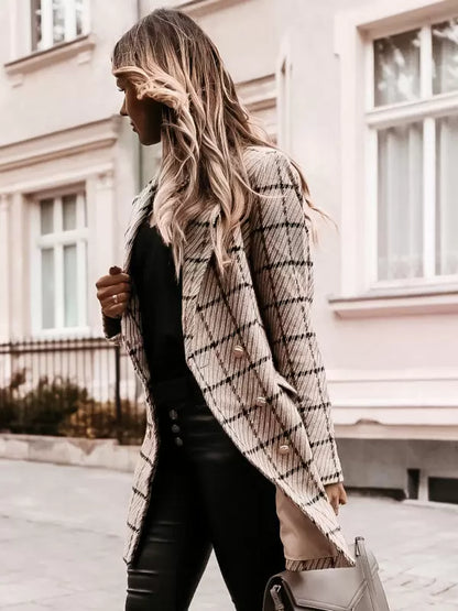 Women's fitted plaid tweed trench coat with gold button details, stylish checked trench coat by Homixa.