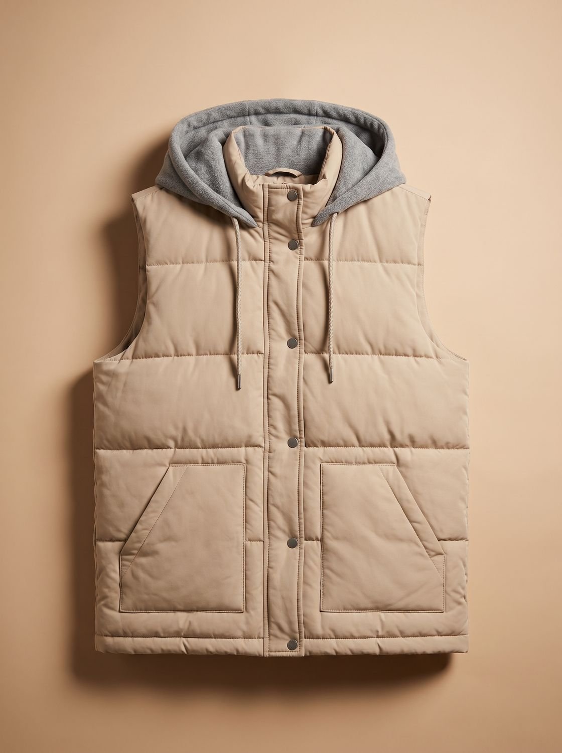 Women's fitted puffer vest with quilted fill and detachable contrast hood by Homixa, shown on a model.