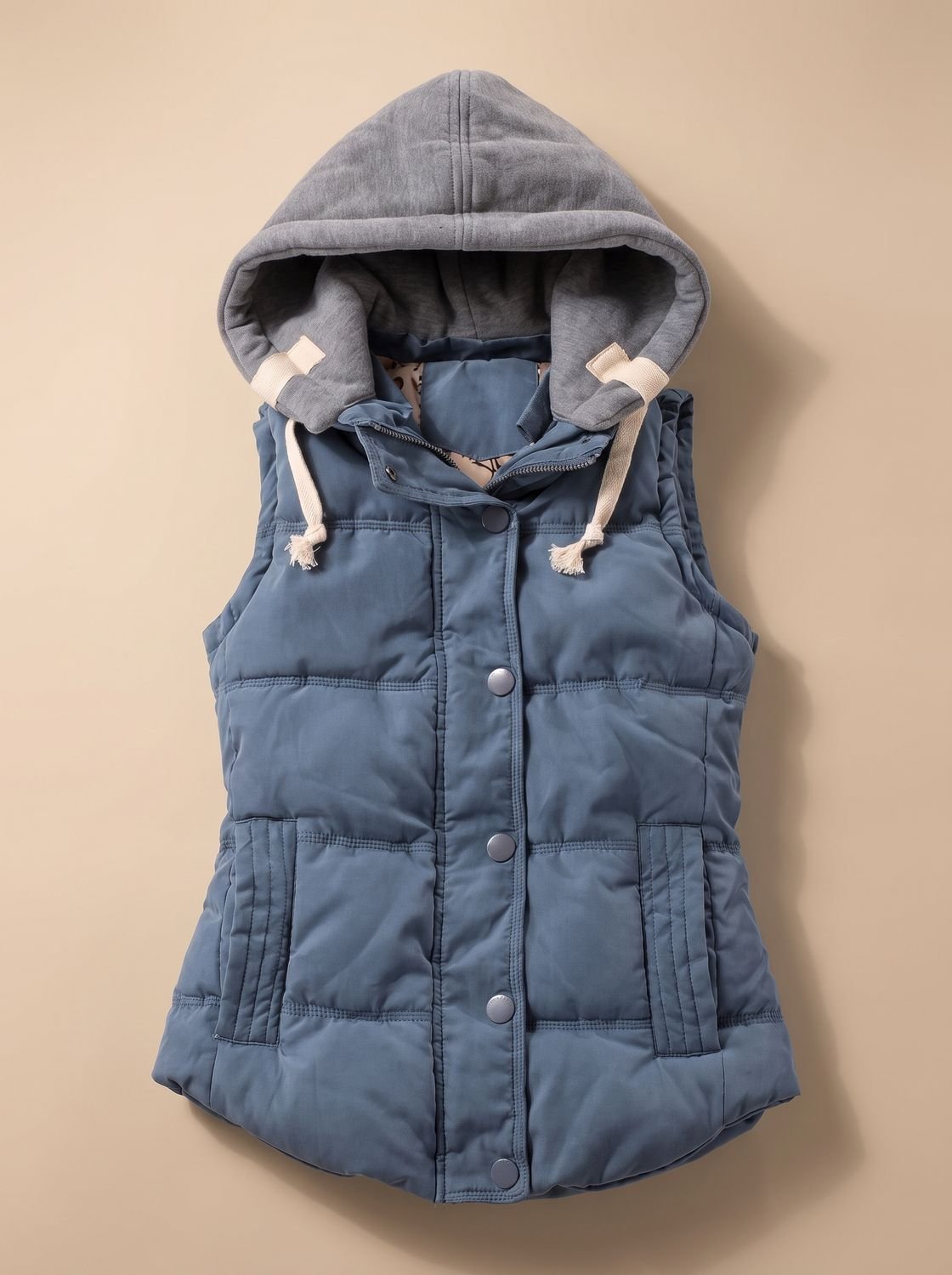 Women's fitted puffer vest by Homixa with quilted fill and a detachable contrast hood, shown in a close-up view.
