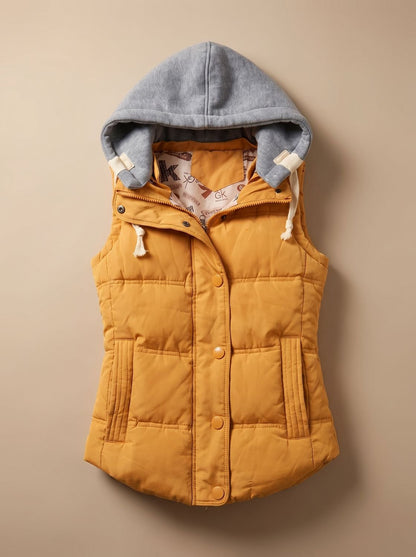 Women's fitted puffer vest by Homixa with quilted fill and a detachable contrast hood, shown on a model.