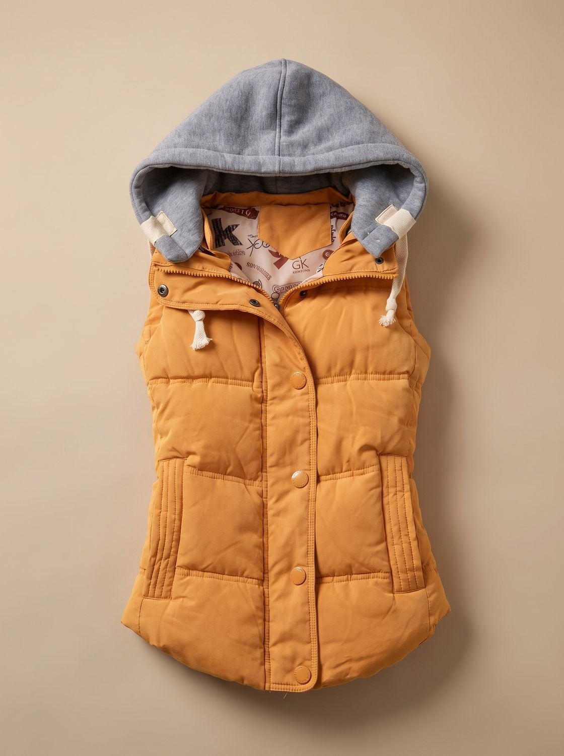 Women’s fitted puffer vest with quilted fill and detachable contrast hood by Homixa, shown on a model.
