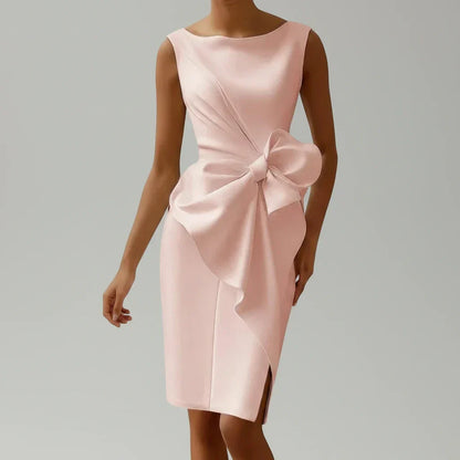 Homixa women's fitted sleeveless cocktail midi dress with oversized bow and side slit, stylish evening wear for women.