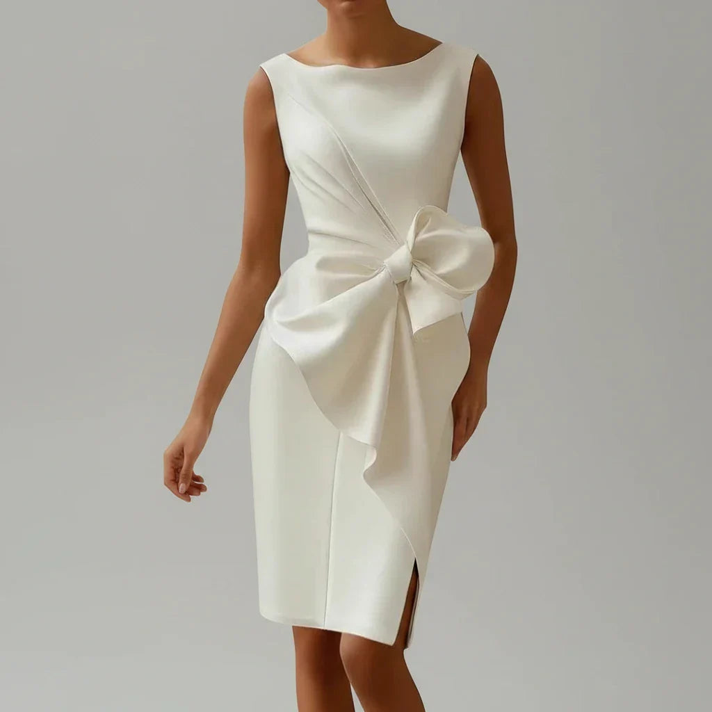 Women's fitted sleeveless cocktail midi dress by Homixa featuring an oversized bow and side slit, perfect for elegant occasions.