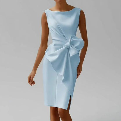 Women's fitted sleeveless cocktail midi dress with oversized bow and side slit by Homixa, featuring elegant design and flowing fabric.