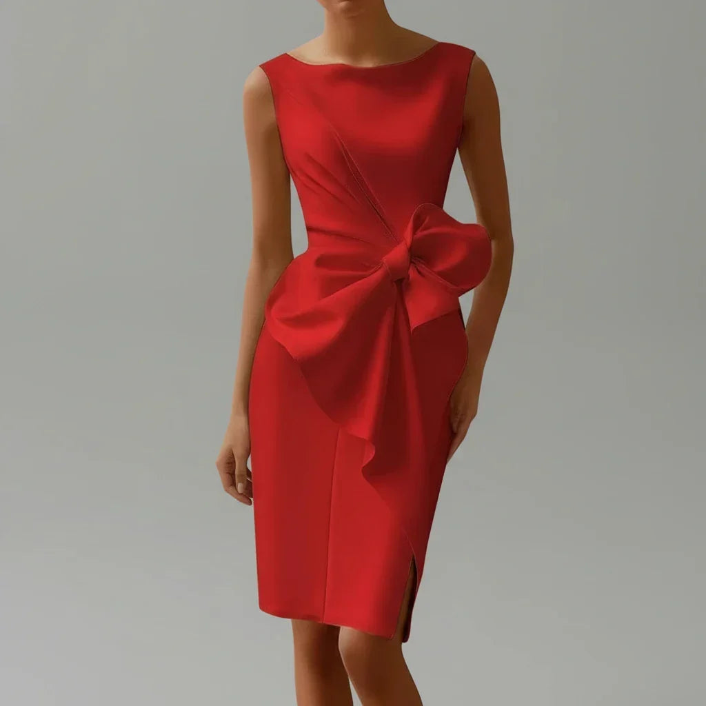 Women's fitted sleeveless cocktail midi dress with oversized bow and side slit, designed by Homixa, perfect for elegant occasions.