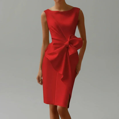 Women's fitted sleeveless cocktail midi dress with oversized bow and side slit, designed by Homixa, perfect for elegant occasions.