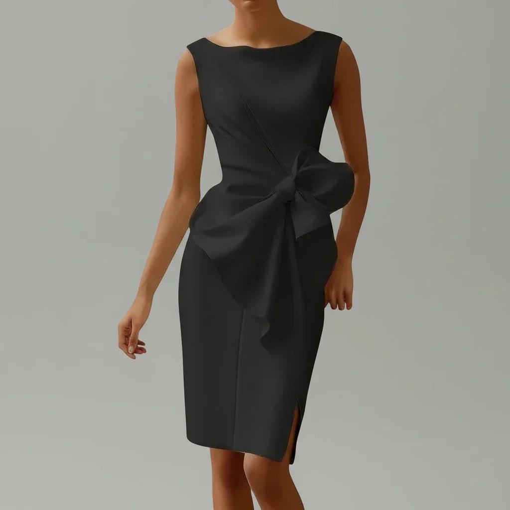 Homixa women's fitted sleeveless cocktail midi dress with an oversized bow and side slit, perfect for elegant evening occasions.