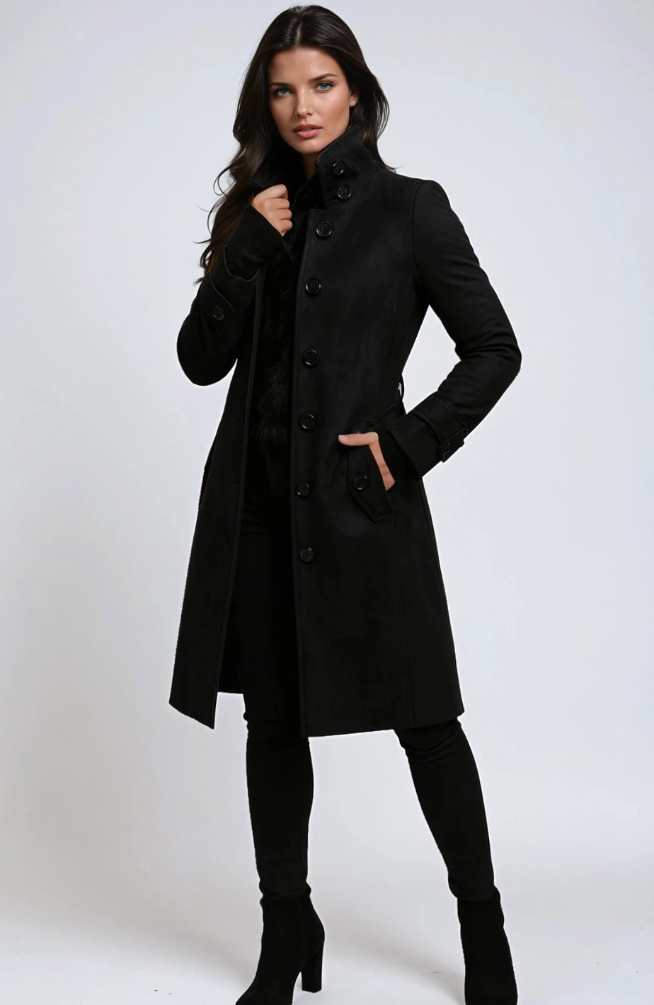 Women's tailored winter coat by Homixa featuring high collar, button front, fitted style, and front pockets.