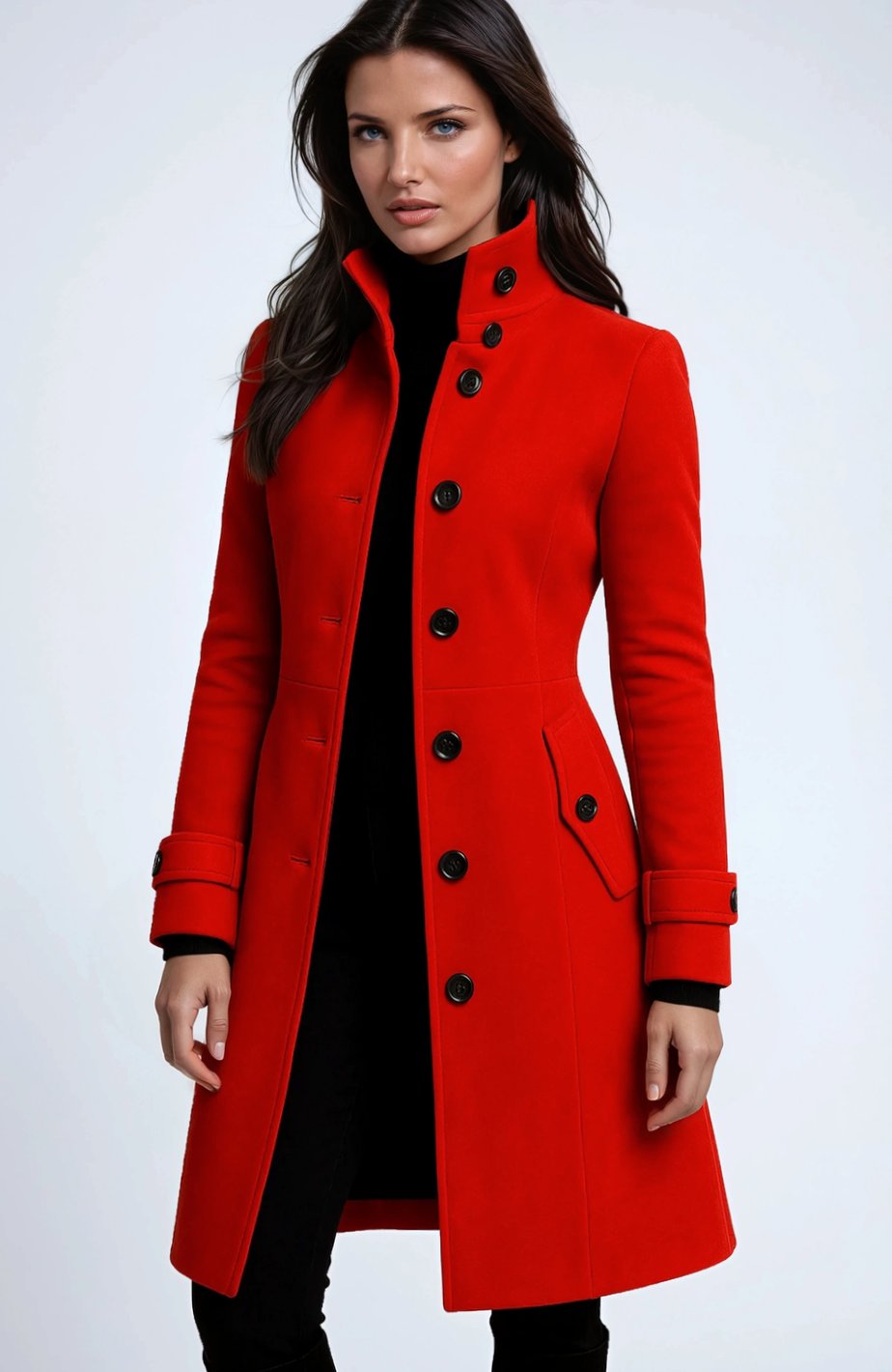 Women's fitted Homixa winter coat with high collar, button front, and practical pockets, tailored for a sleek winter look.