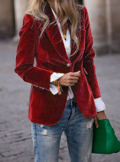 Women's fitted velvet-look casual jacket by Homixa with single-button front closure, showcasing a stylish and comfortable design.