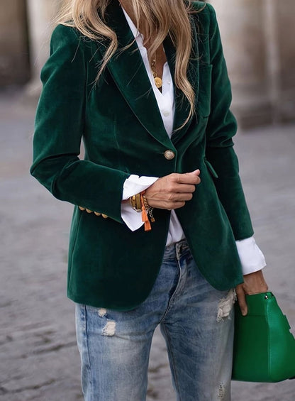 Women's fitted velvet-look casual jacket with a single-button front closure, stylish and comfortable by Homixa.