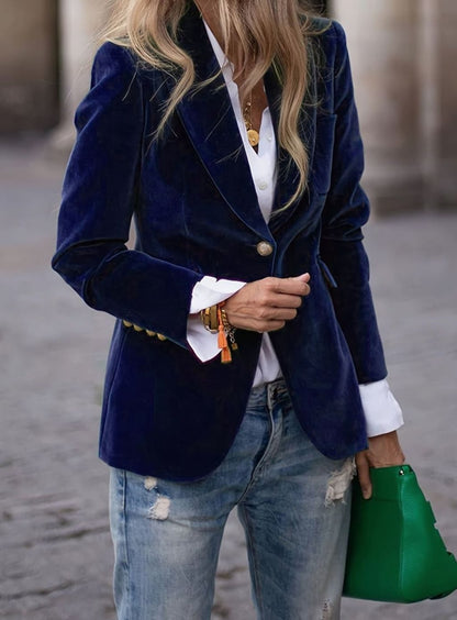 Women's fitted velvet-look casual jacket with single-button front closure, stylish and comfortable by Homixa.
